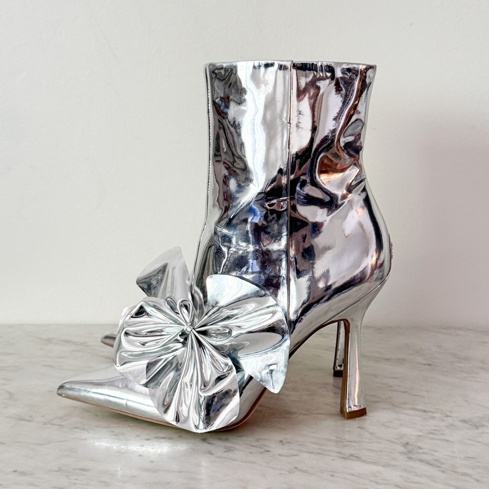 Sam Edelman Ankle Boots Metallic Bow Pointed Toe 8.5 Silver Mirror Stiletto